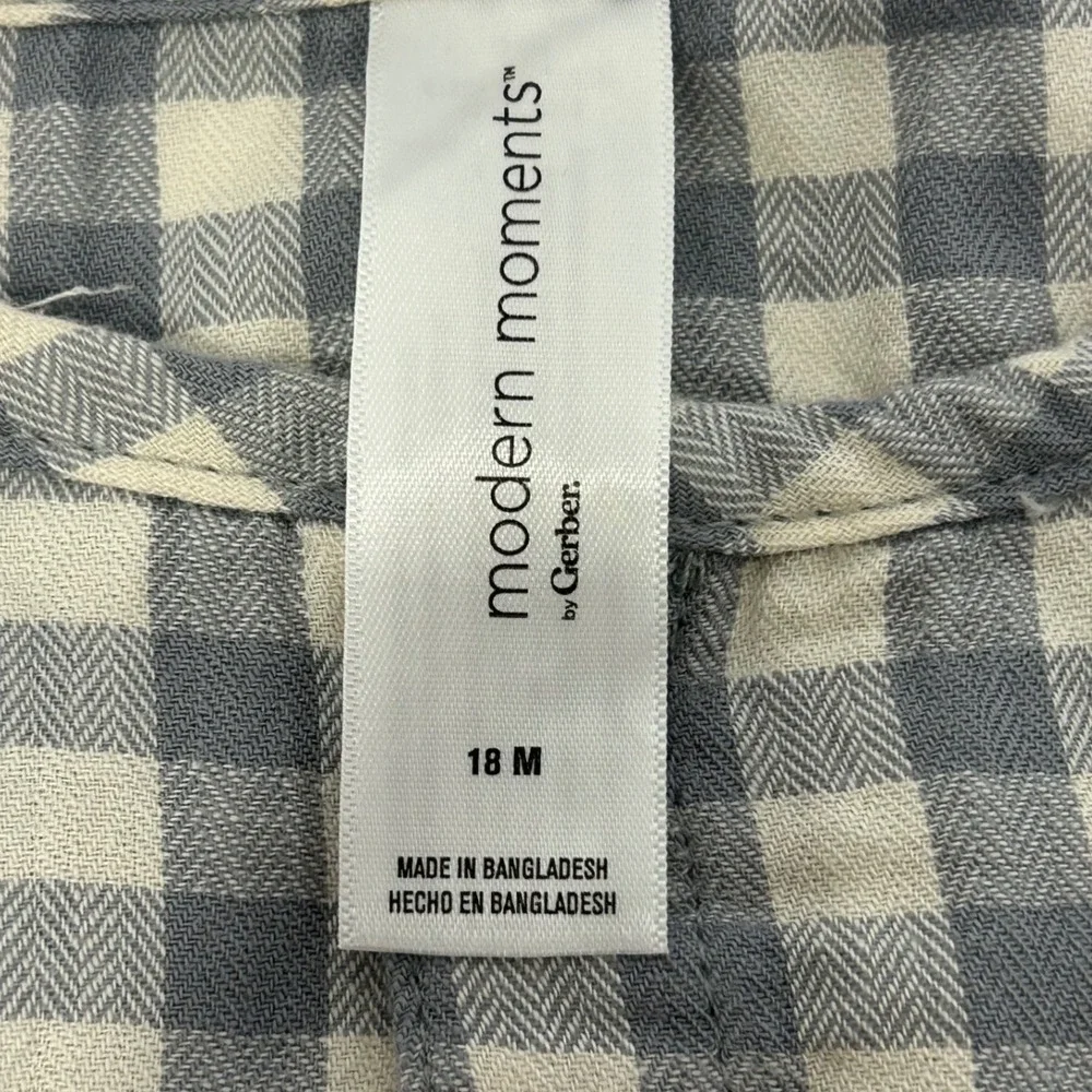 Modern Moments Gerber Baby 18M Grey Gingham Long Sleeve Henley Romper New‎